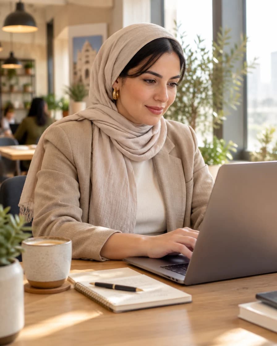 Une fondatrice travaille sur son ordinateur portable dans un espace de coworking lumineux