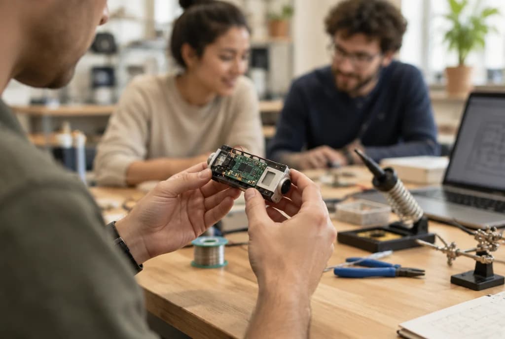 Des mains tiennent un prototype électronique dans un atelier de startup